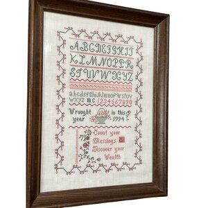 1994 Vintage Cross-Stitch Sampler In Wood Frame 12.5"x15.5" Count Your Blessings